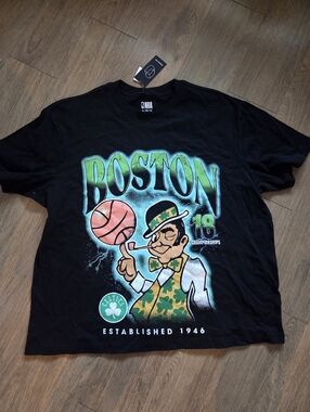 NBA Boston Celtics Black T-Shirt with Green and Orange Graphic